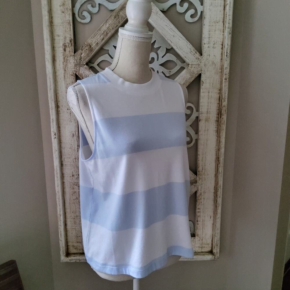 Andrew Marc Sport Rugby Stripe Knit Crew Neck Sleeveless Boxy Tank Top Blue
